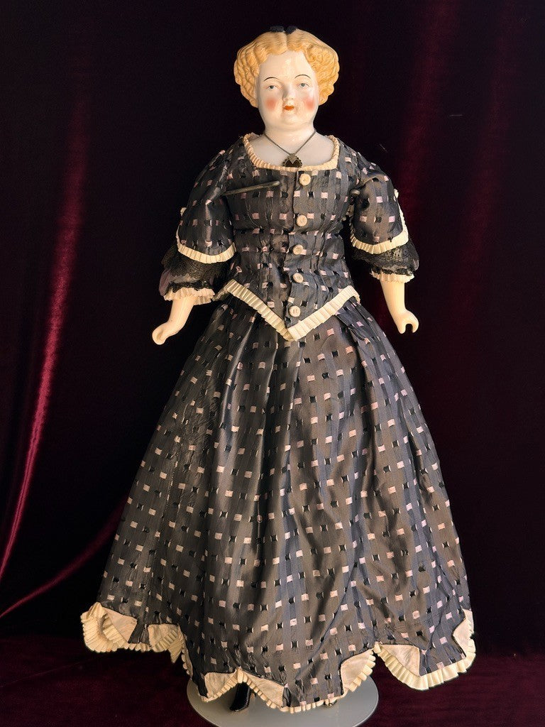 Large Antique German 26” Flat Top Highbrow China Shoulder Head Blonde Doll