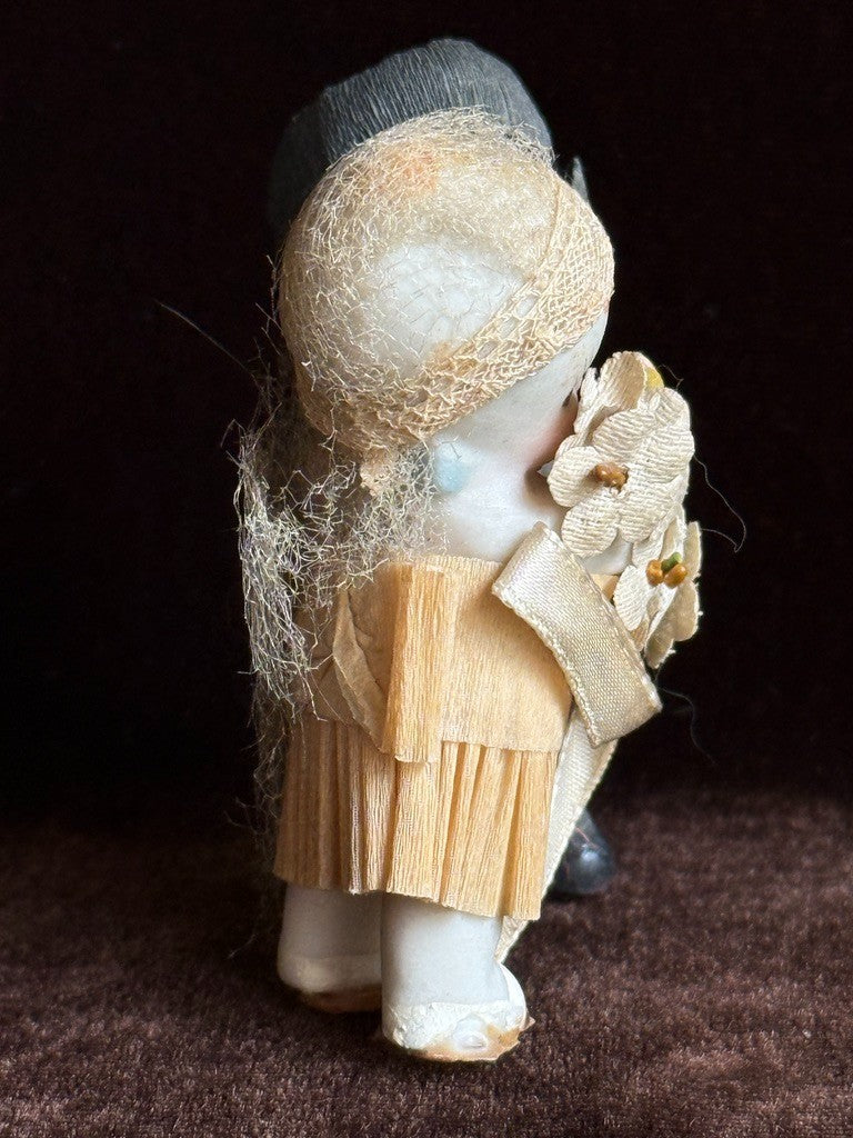 Antique German 2.5” Bisque Kewpie Wedding Couple Bride and Groom Dolls Figurine