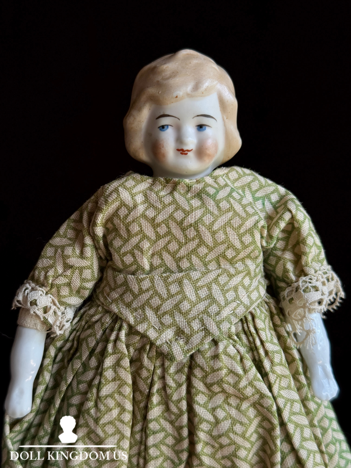Antique German 7.5” Bisque Cloth Miniature Dollhouse Parian Girl Doll