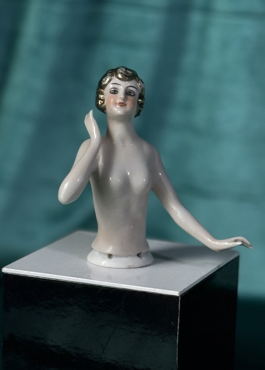 Rare Gold Hair Antique German Art Deco Flapper Pin Cushion Half 4 3/4” Doll