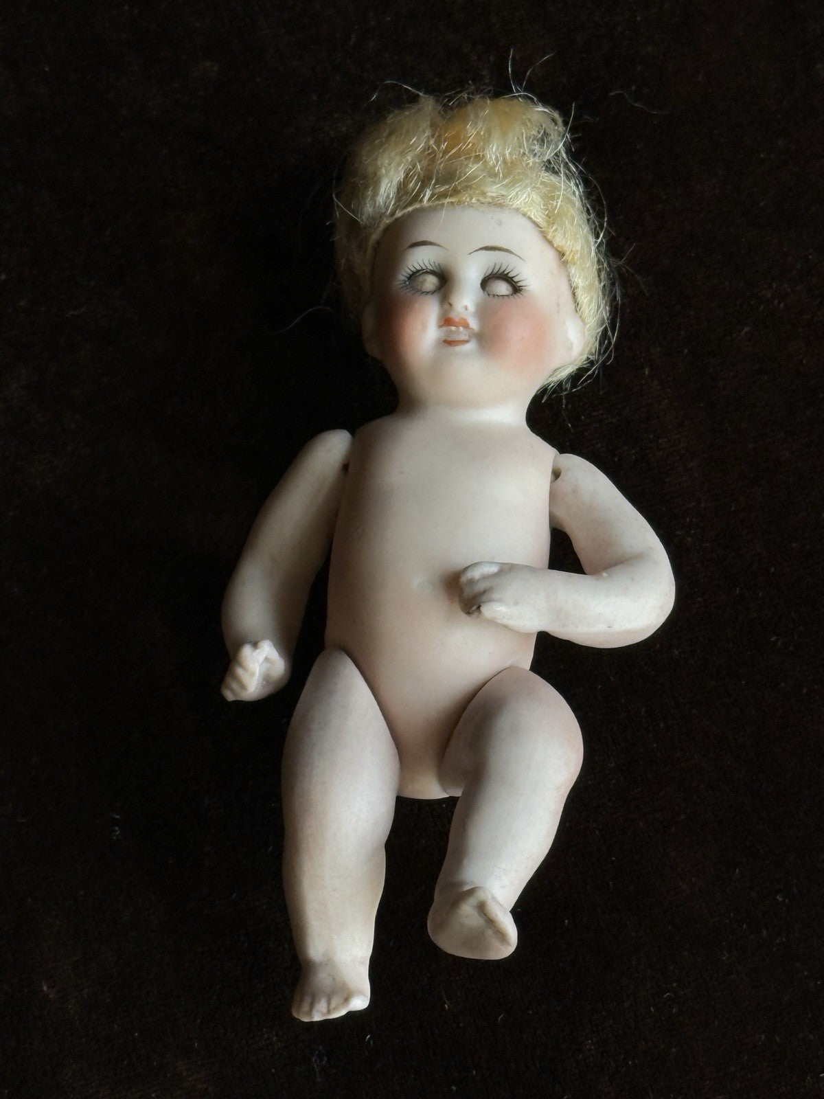 Antique German 3.75” Kestner All Bisque Baby Doll with Cradle and Bottle