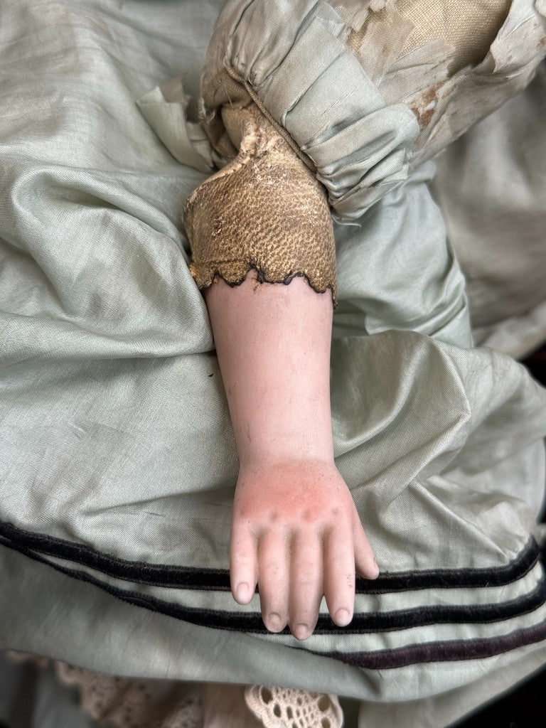 Antique German 23” Early Kestner Turned Bisque Shoulder Head Leather Body Doll