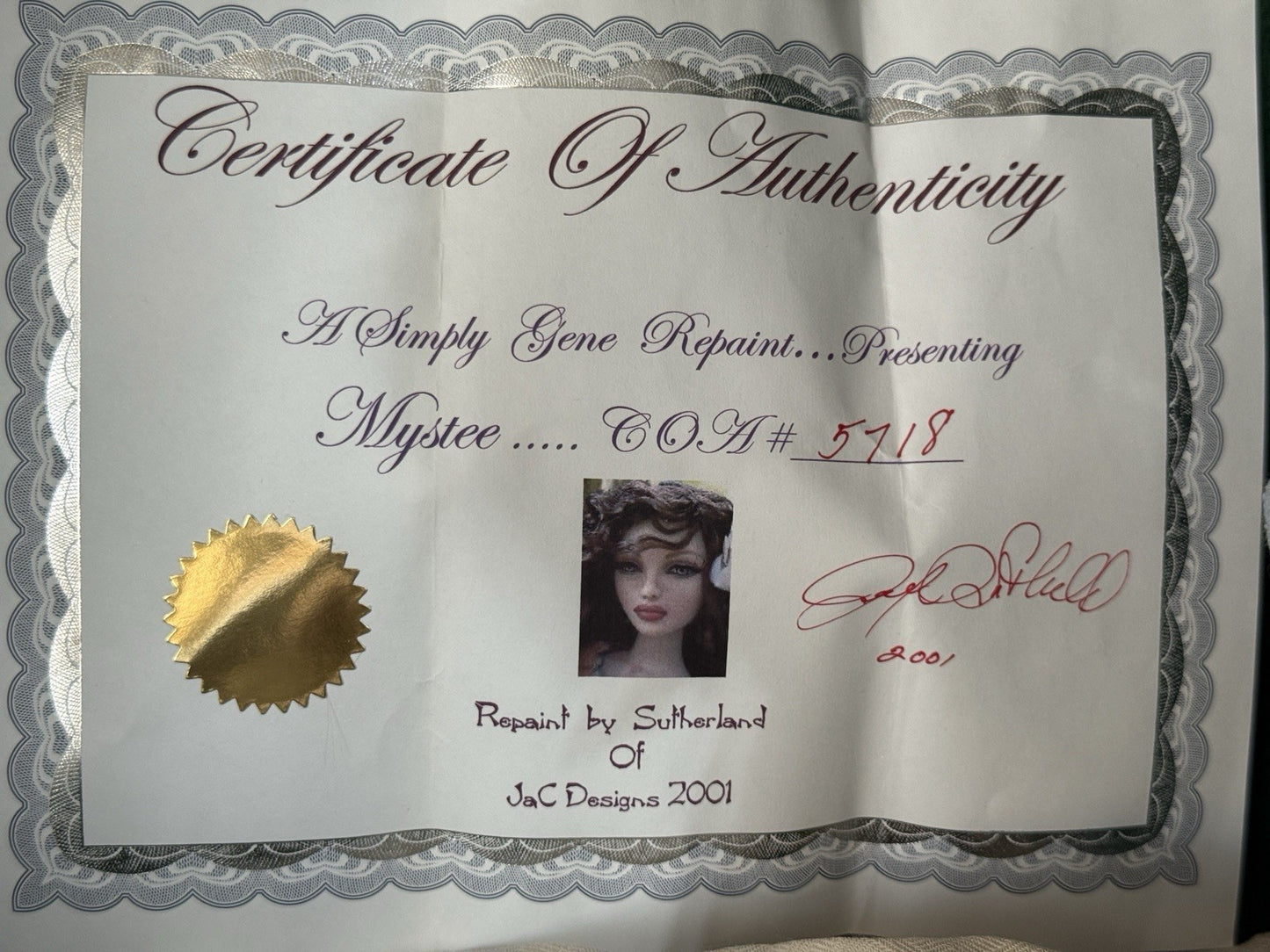 Artist Repainted Gene Marshall “Mystee” Fashion Doll Box/COA By Sutherland