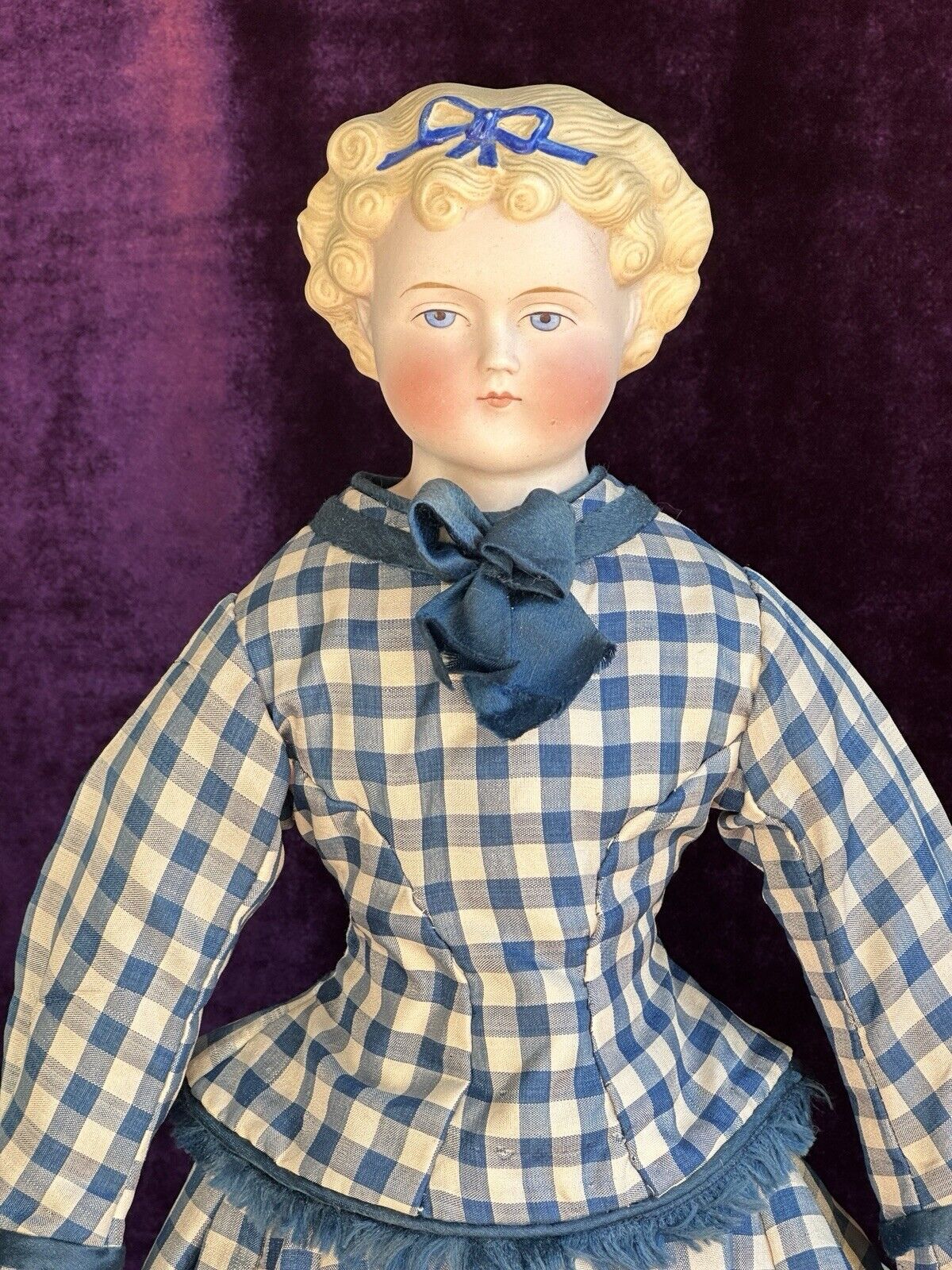 Antique German 16” Dolly Madison Blue Bow Parian Bisque China Head Doll