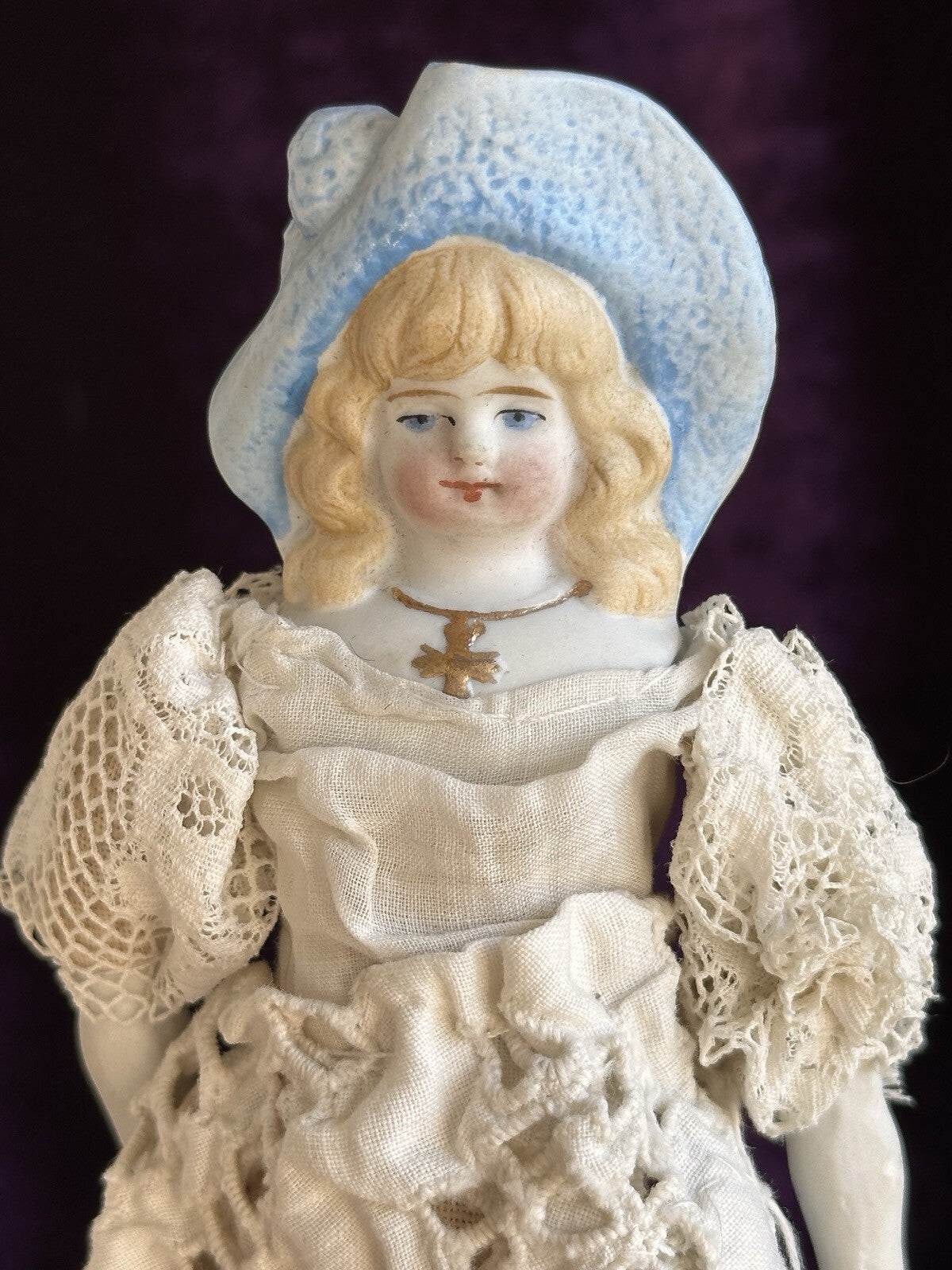 Antique German Miniature  7.5” Hertwig Molded Hat Parian Bisque Head China Doll