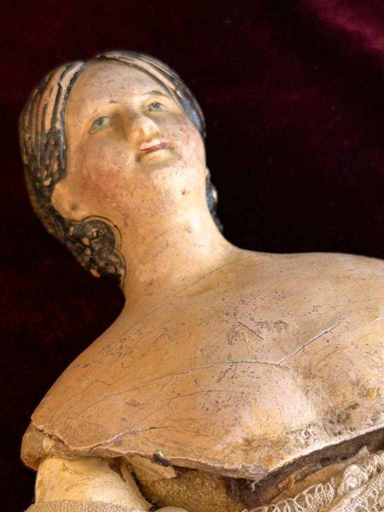 Early Antique German 12” Papier Mache Milliner’s Model Doll with Bun