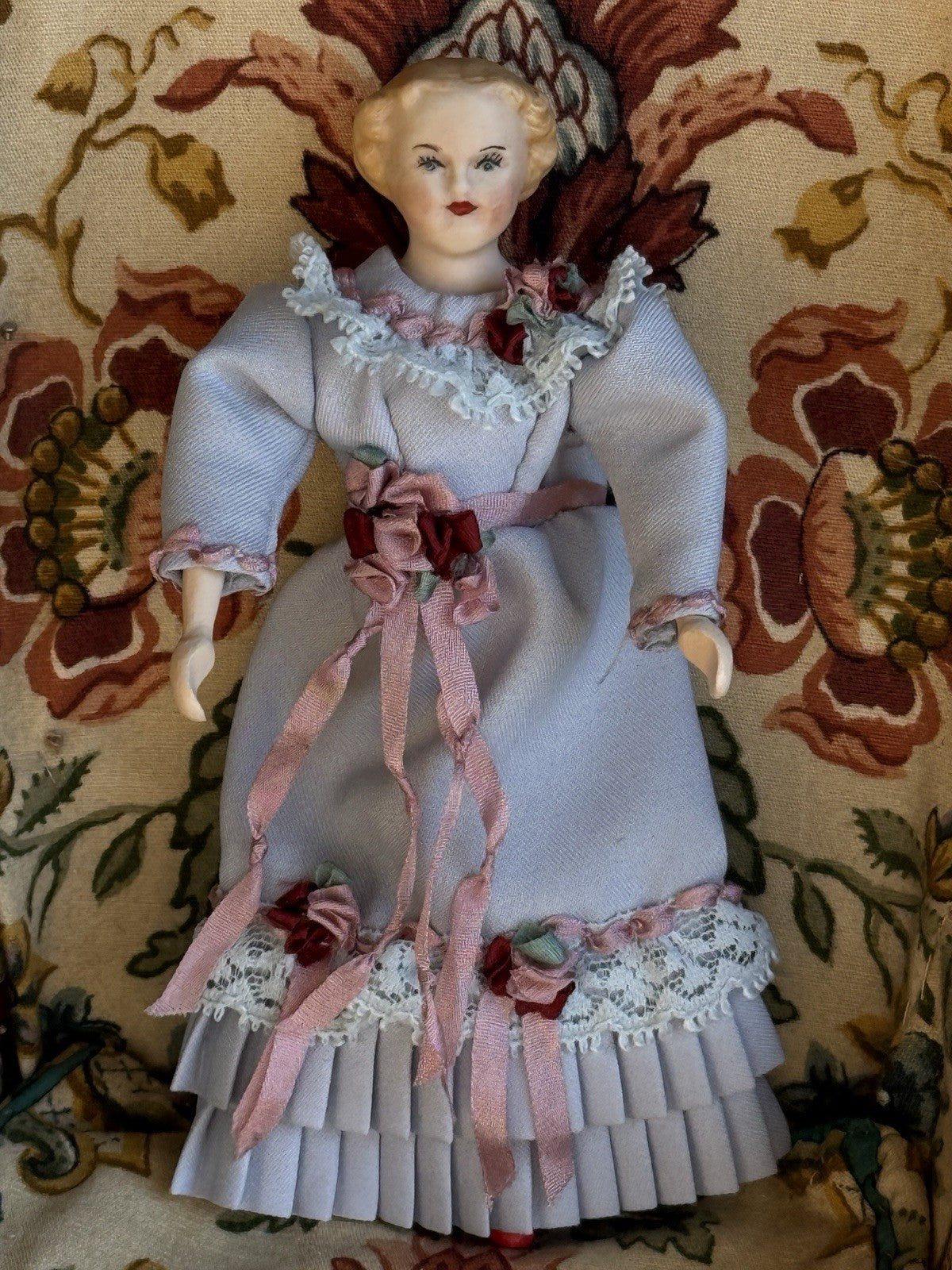 Vintage 5.5” Miniature Reproduction Porcelain Head Wood Body Dollhouse Doll