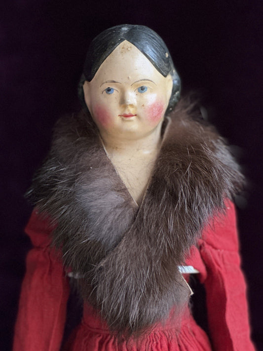 Large Antique German 15.5” Papier Mache Milliner’s Model Covered Wagon Doll
