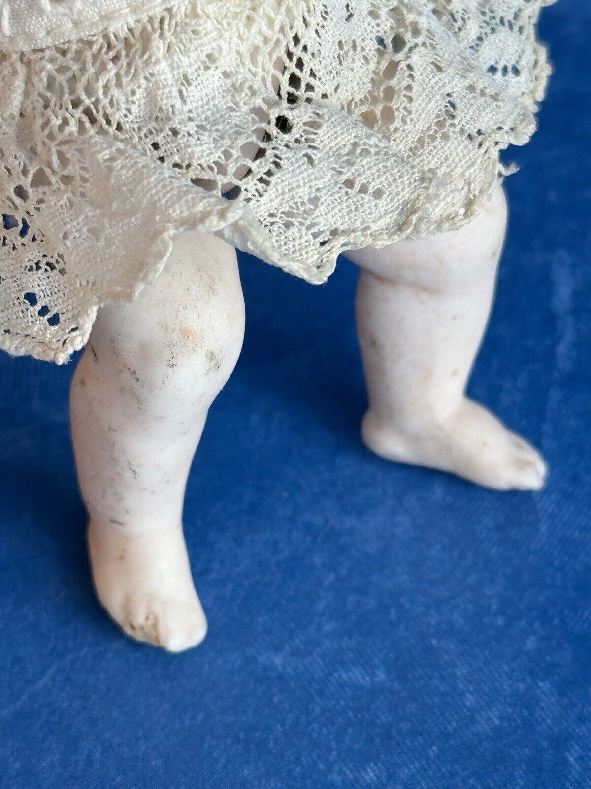 Antique German 3.75” Miniature All Bisque Parian Molded Hair Baby Doll