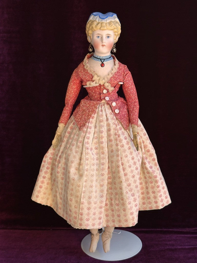 Antique German 15” Fancy Parian Bisque Head China Doll with Pierced Ears