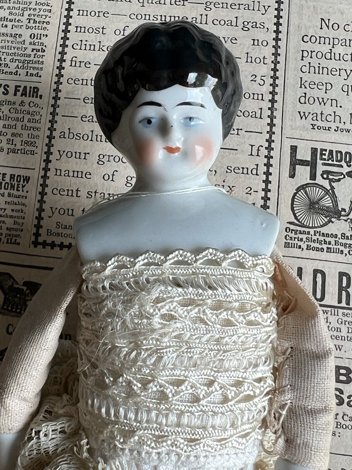 Antique German 9” Hertwig Miniature China Shoulder Head Doll