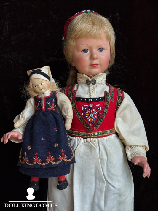 Lot of 2 Vintage Norwegian Ronnaug Petterssen Celluloid and Felt Dolls
