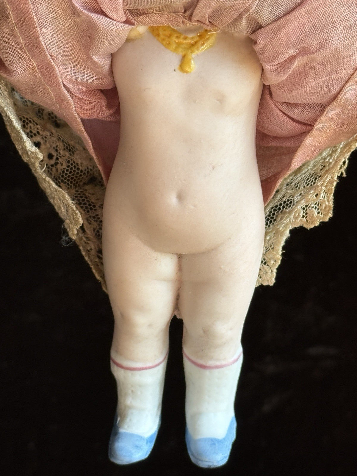Antique German 7" Hertwig All Bisque Molded Hat Girl Doll