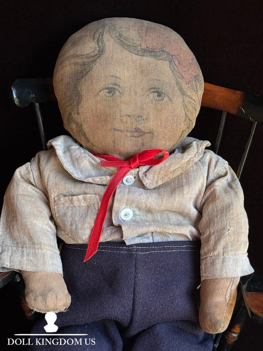 Antique American 20.5” Art Fabric Lithograph Cloth Rag Doll