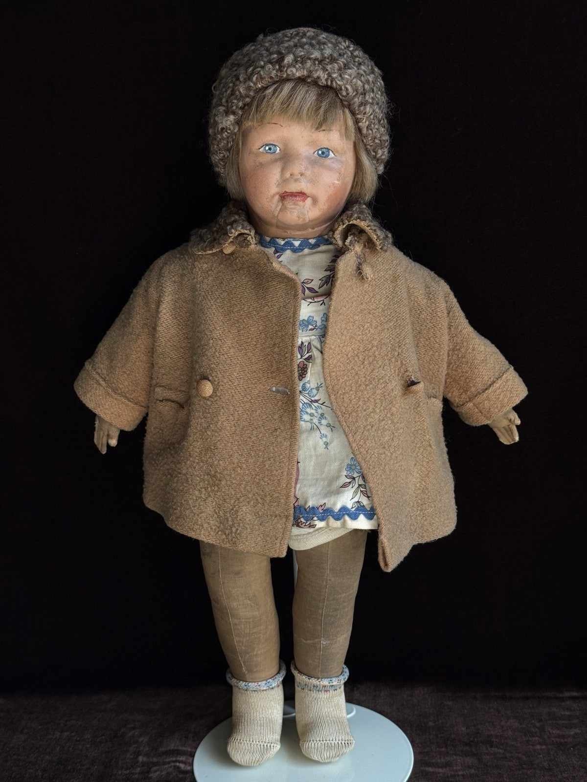 Antique American 18.5” Kamkins Cloth Oil Painted Doll