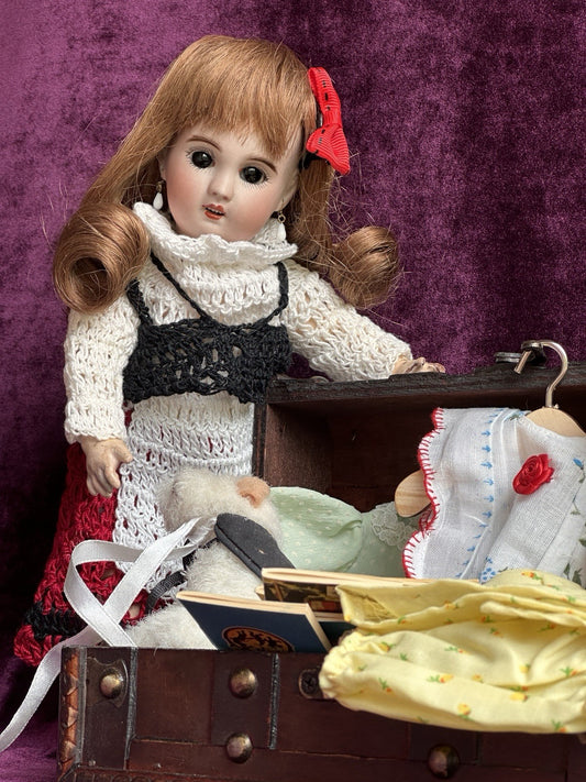 Antique French 10” Bleuette SFBJ France Bisque Head Doll with Extras