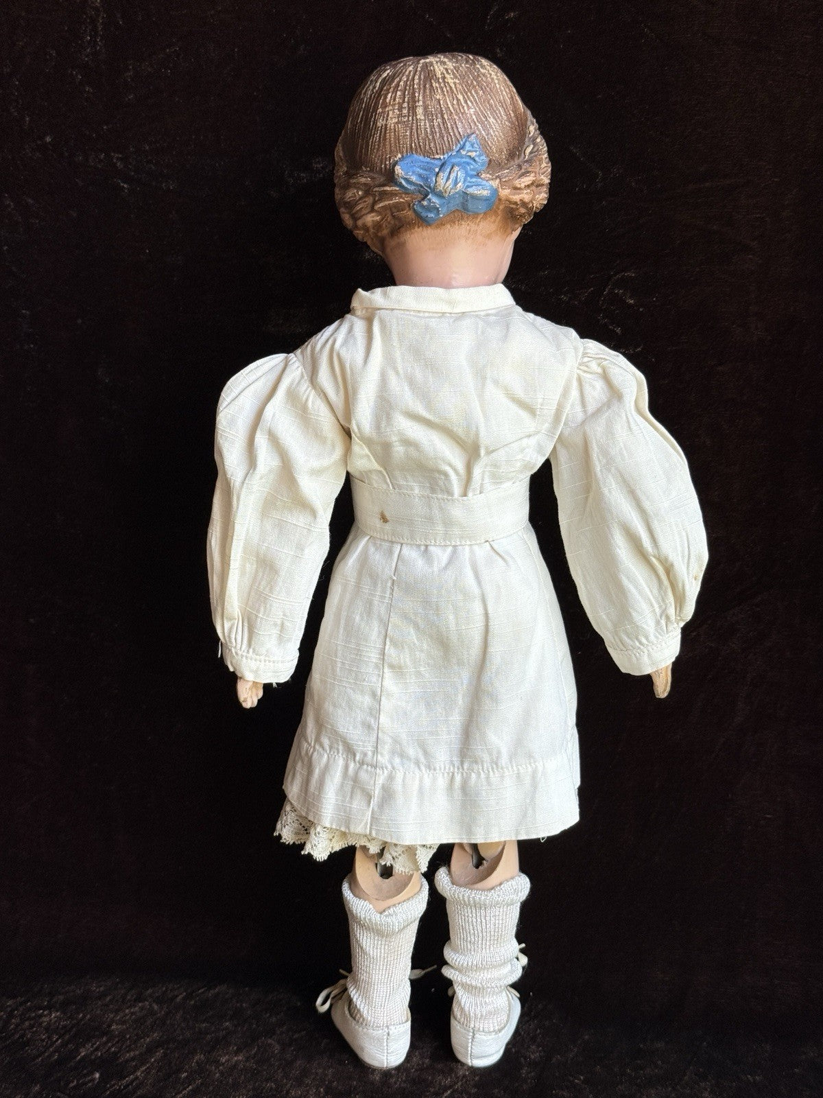 Antique American 16.5” Schoenhut 102 Series Wooden Doll Carved Braided Hair Bow