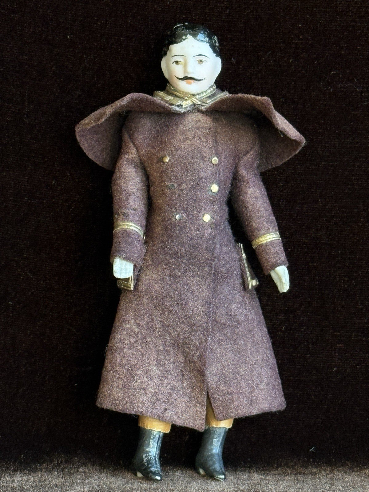 Antique German 4.875” Bisque Miniature Dollhouse Male Mustache Soldier Doll