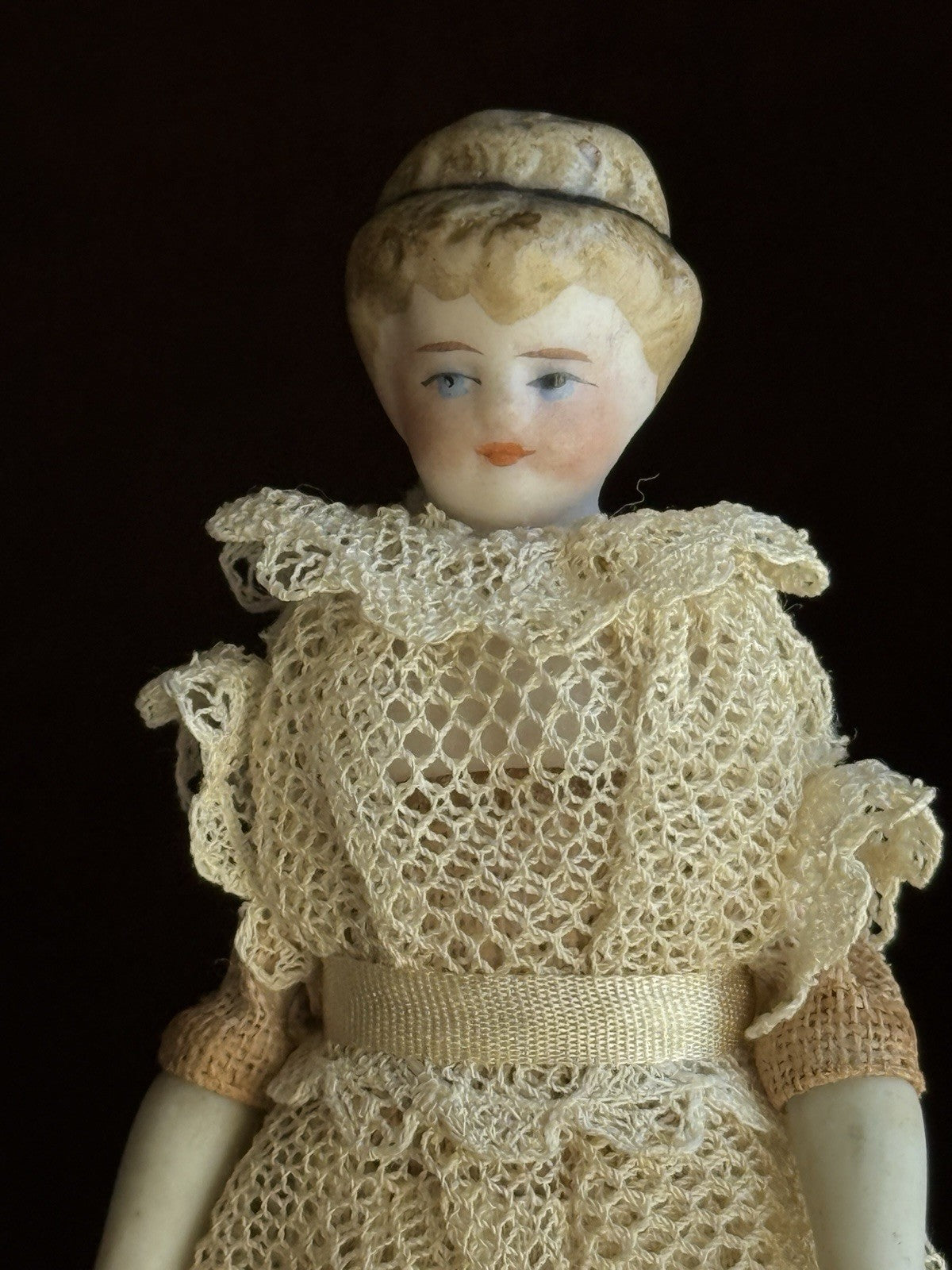 Antique German Simon Halbig 3.875” Bisque Cloth Dollhouse Girl Doll
