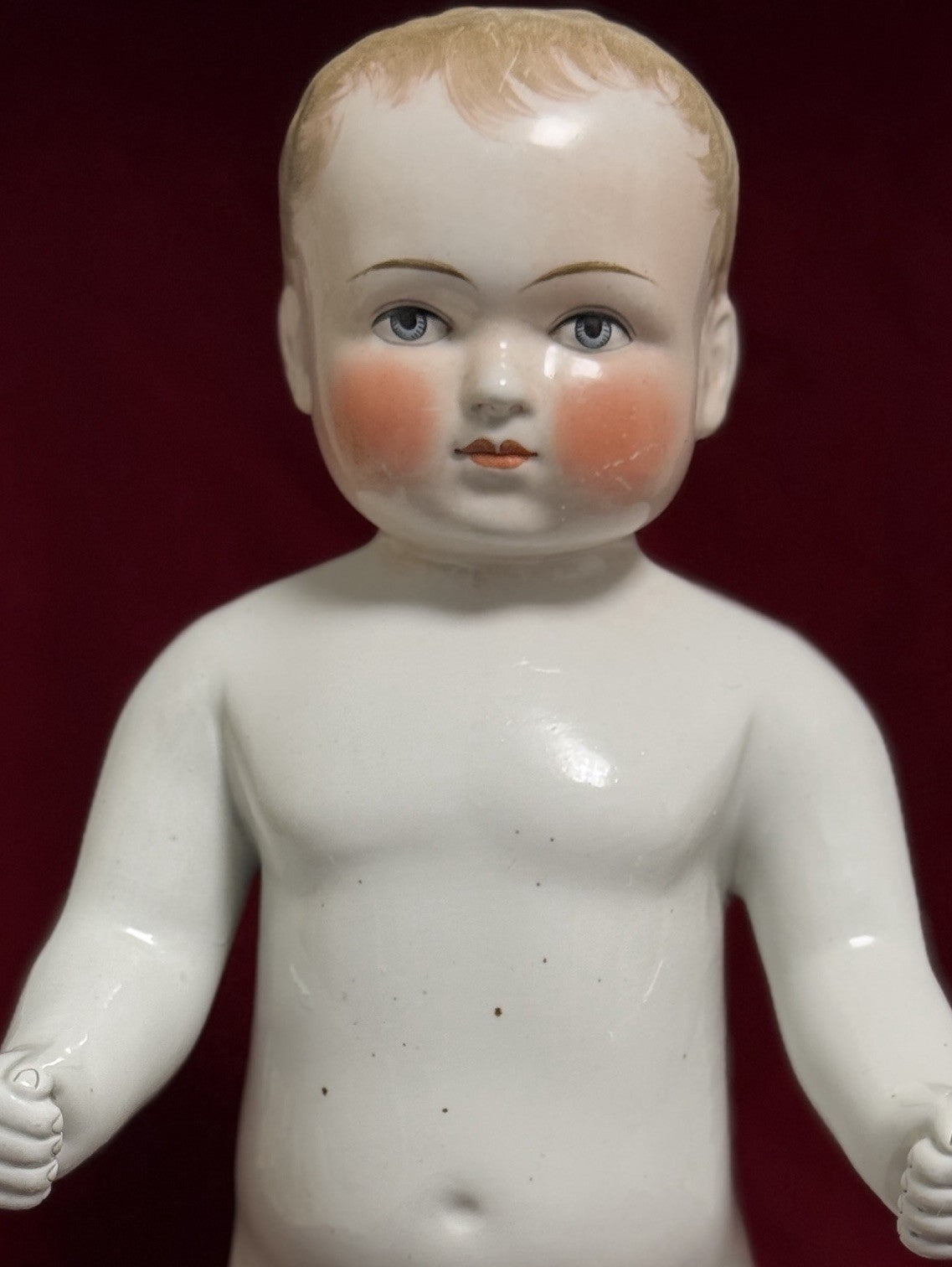 Large 15” Antique German Frozen Charlie Blonde Glazed China Boy Doll Figurine