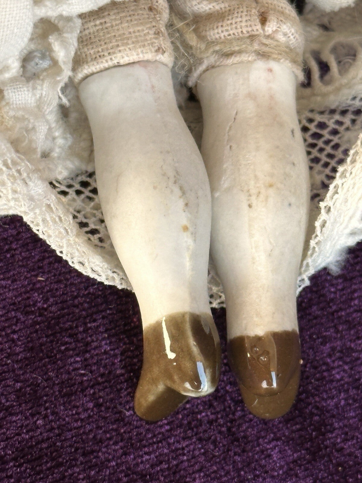 Antique German Miniature  7.5” Hertwig Molded Hat Parian Bisque Head China Doll