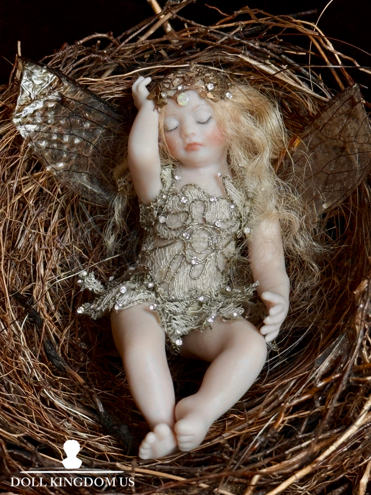 OOAK Miniature Susan Snodgrass Contemporary Artist Porcelain Fairy Doll in Nest