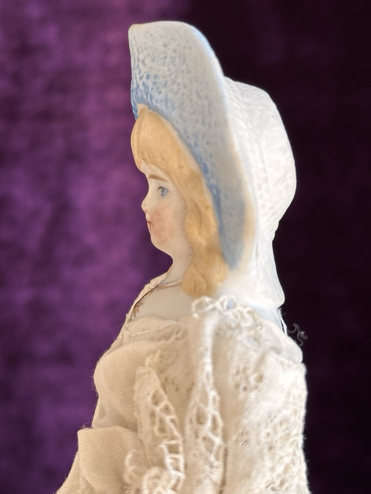 Antique German Miniature  7.5” Hertwig Molded Hat Parian Bisque Head China Doll