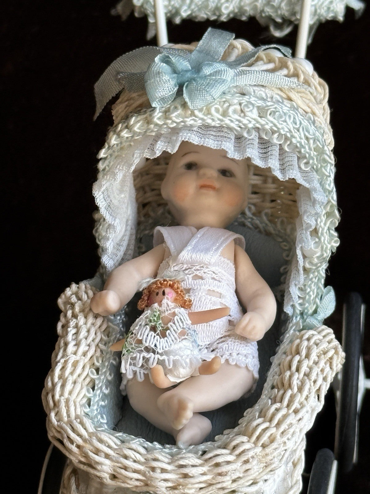 Lot of Miniature Dollhouse Buggy and Porcelain Baby Doll