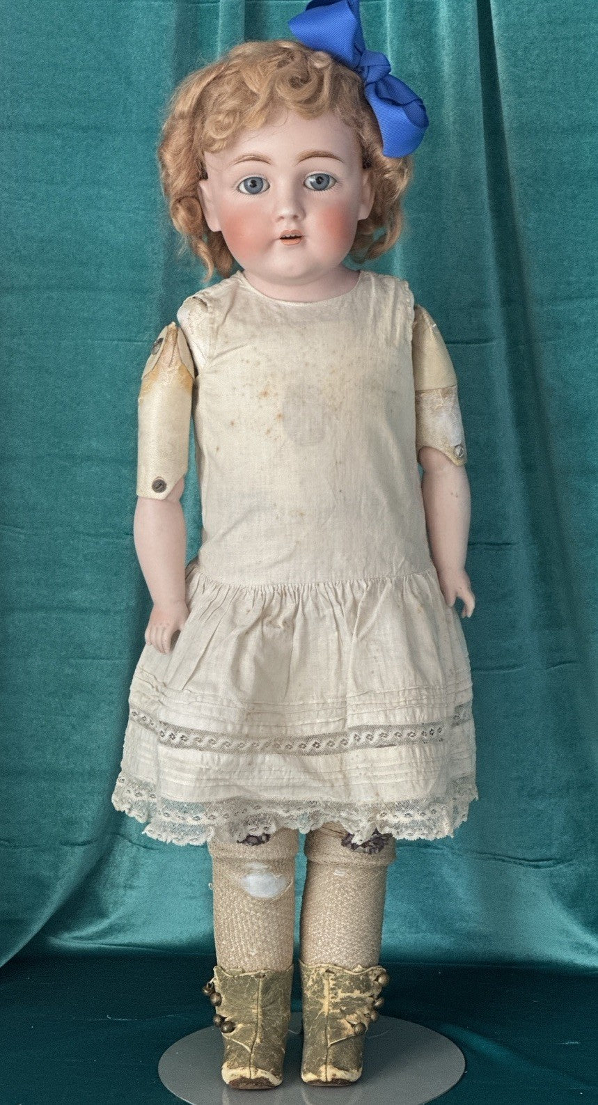 Antique JDK Kestner Mold Dep 154.13 25” Doll Bisque Head Leather Body Sticker