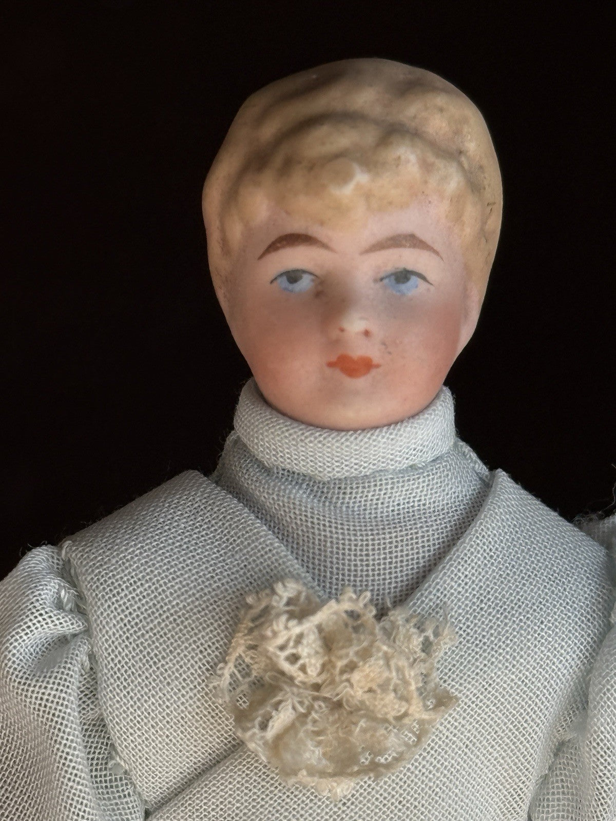 Antique German 5” Bisque Cloth Miniature Dollhouse Parian Doll with Bun