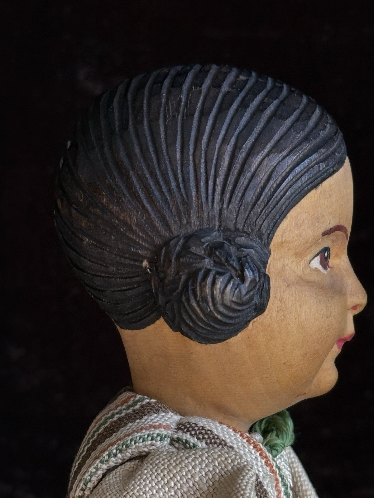 Vintage Swiss 10” Huggler Wood Carved Jointed Girl Doll