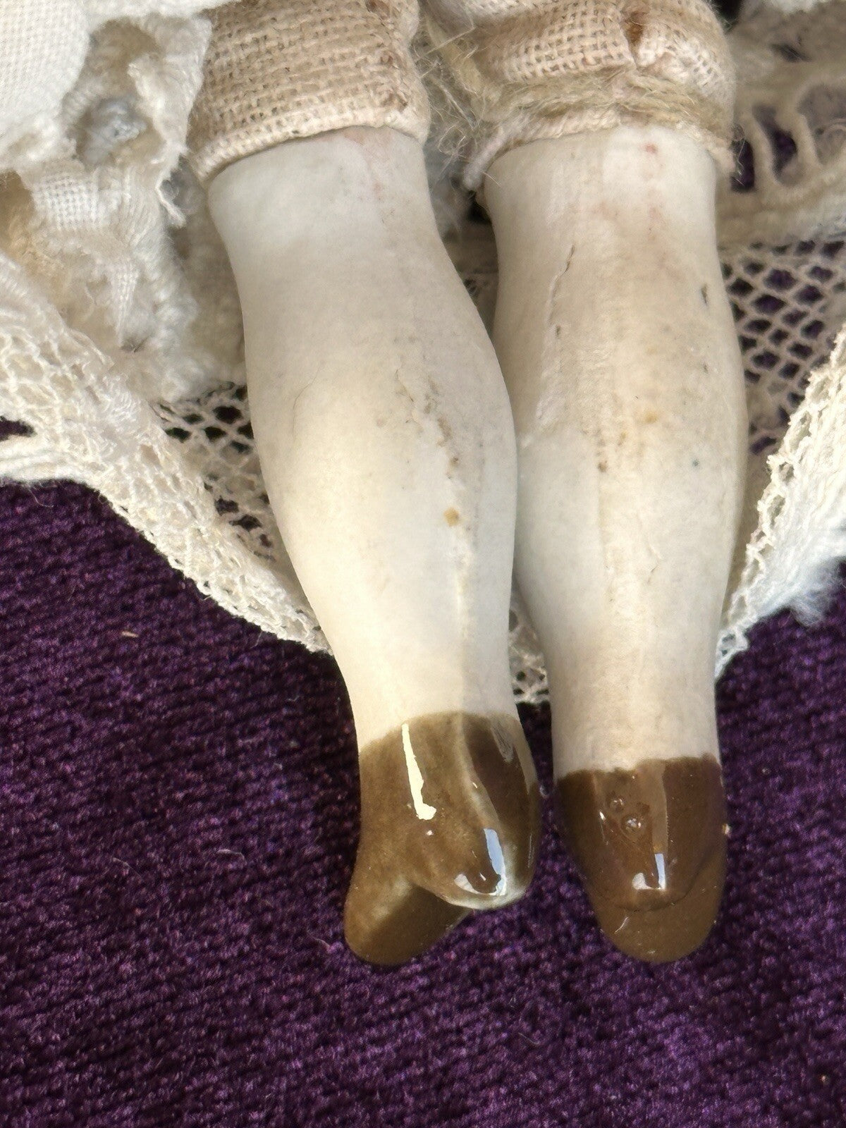 Antique German Miniature  7.5” Hertwig Molded Hat Parian Bisque Head China Doll