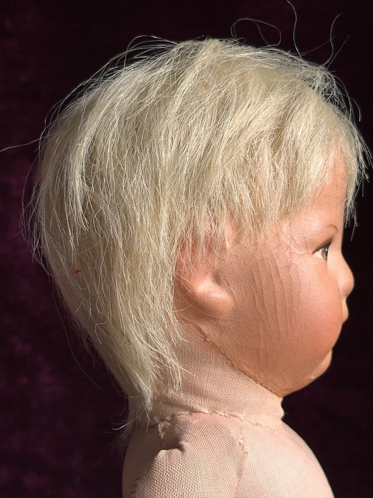 Antique German 14.” Early Kathe Kruse Hampelchen Cloth Doll Human Hair Wig