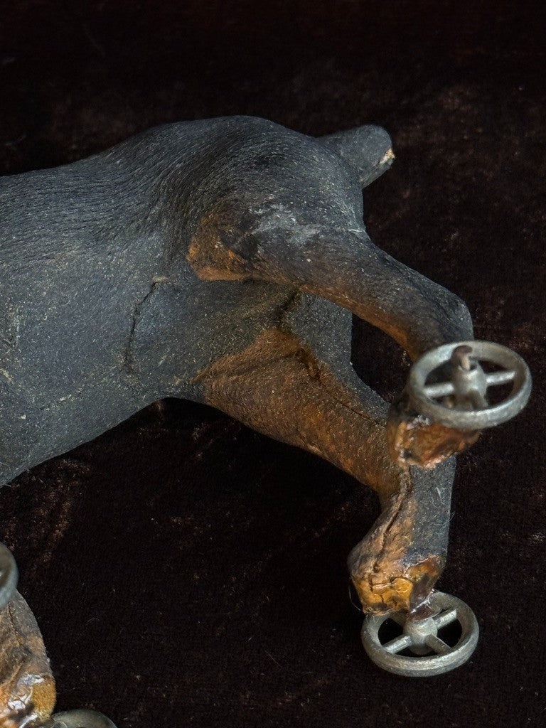 Antique German Papier-Mâché Doberman Pinscher Dog on Wheels Pull Toy