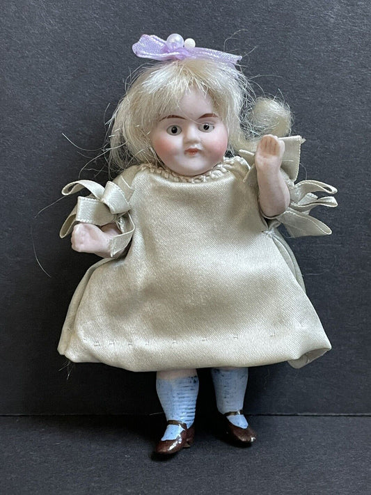 Antique German 3.5” Miniature All Bisque Mignonette Dollhouse Doll