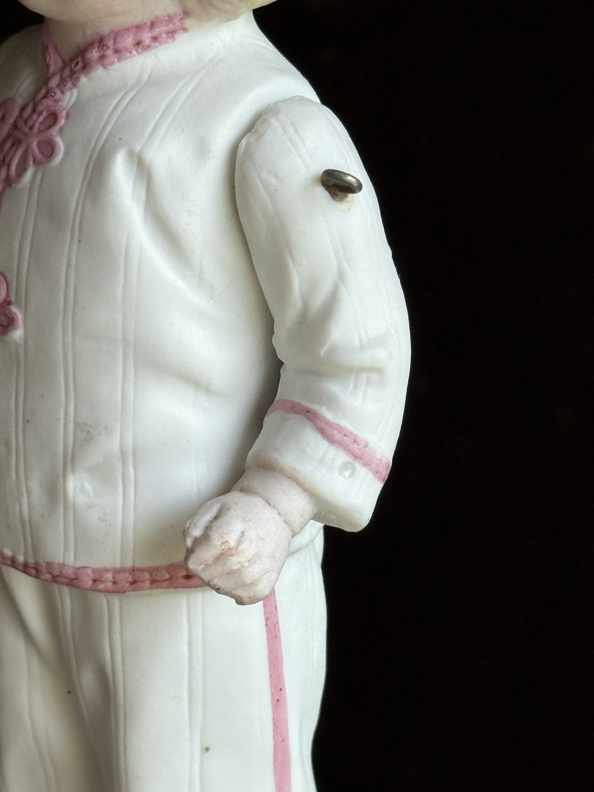 Antique German 6.5” All Bisque Miniature Dollhouse Doll Molded Outfit