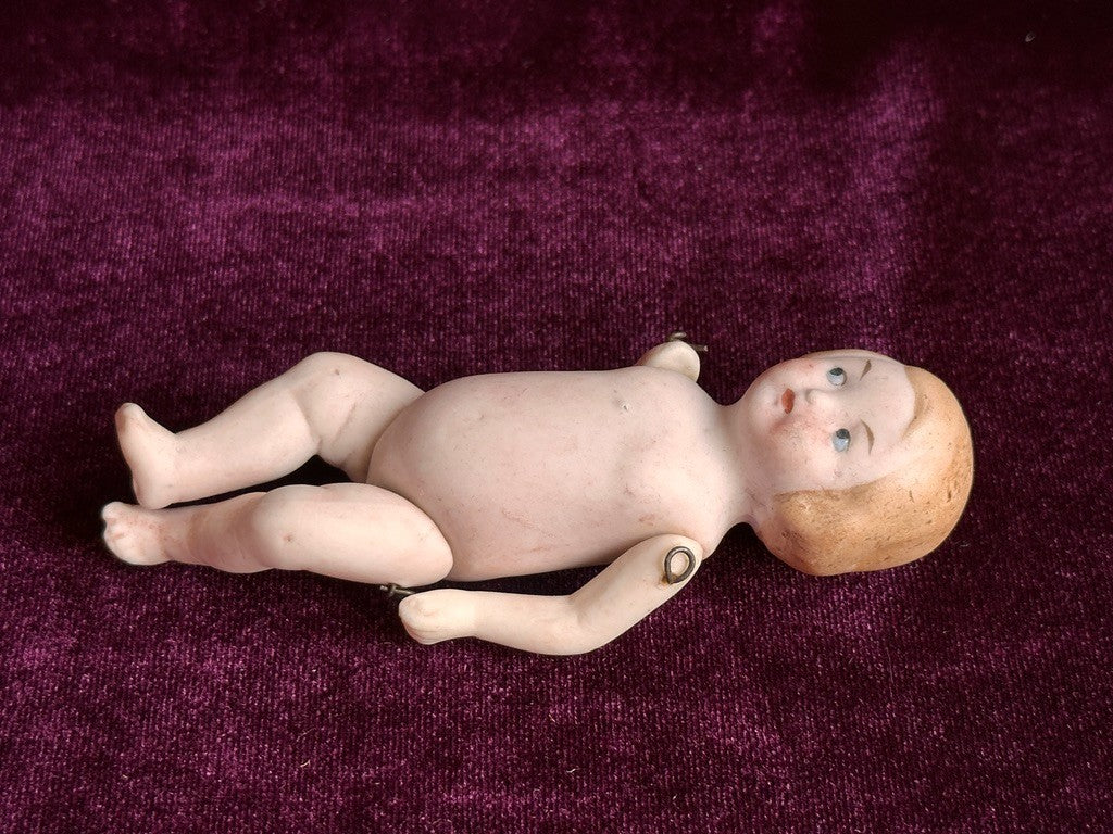 Antique German Miniature All Bisque Limbach 9307 Googly Eye Doll in Carriage