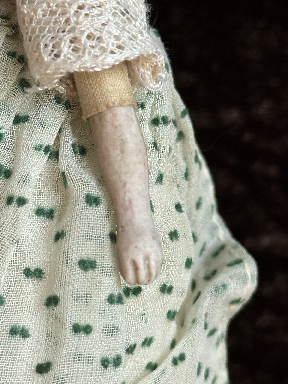 Antique German 5.5” Bisque Cloth Miniature Dollhouse Parian Doll with Bun
