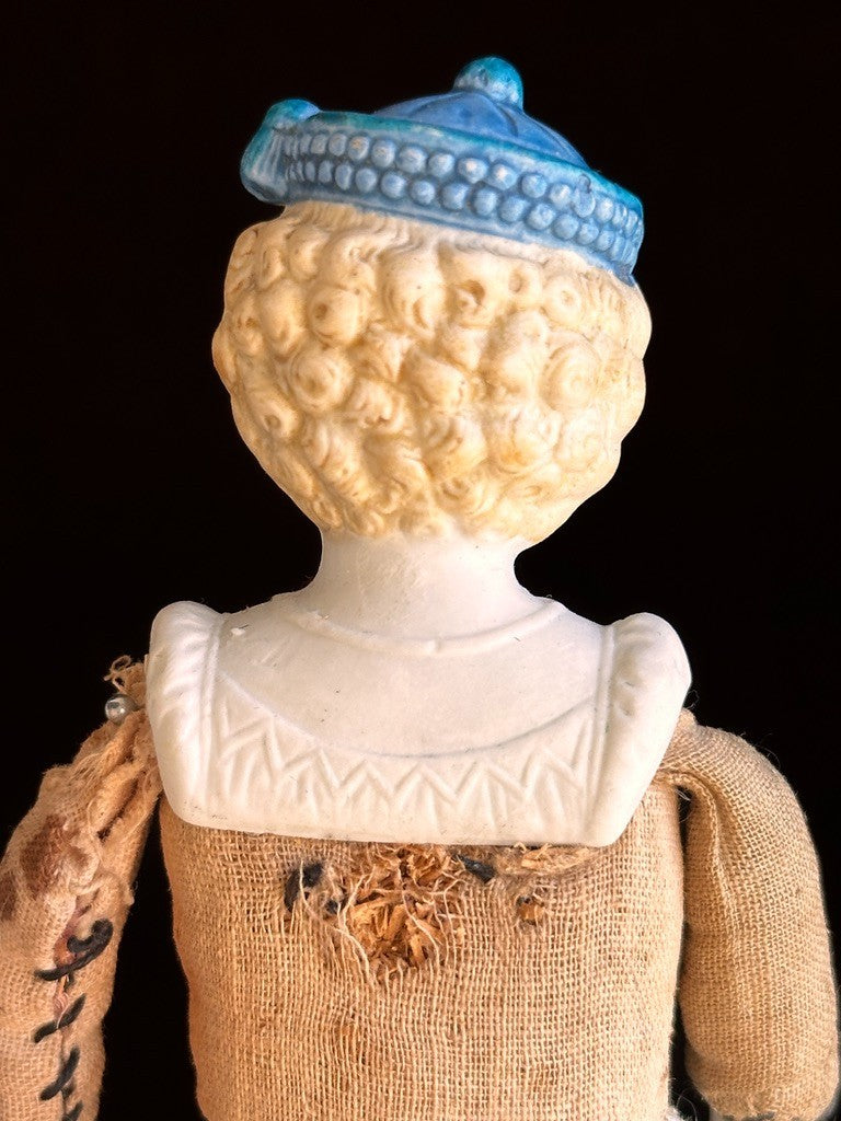 Antique German Hertwig Cabinet Size 8” Bisque Molded Shoulder Plate and Hat Doll