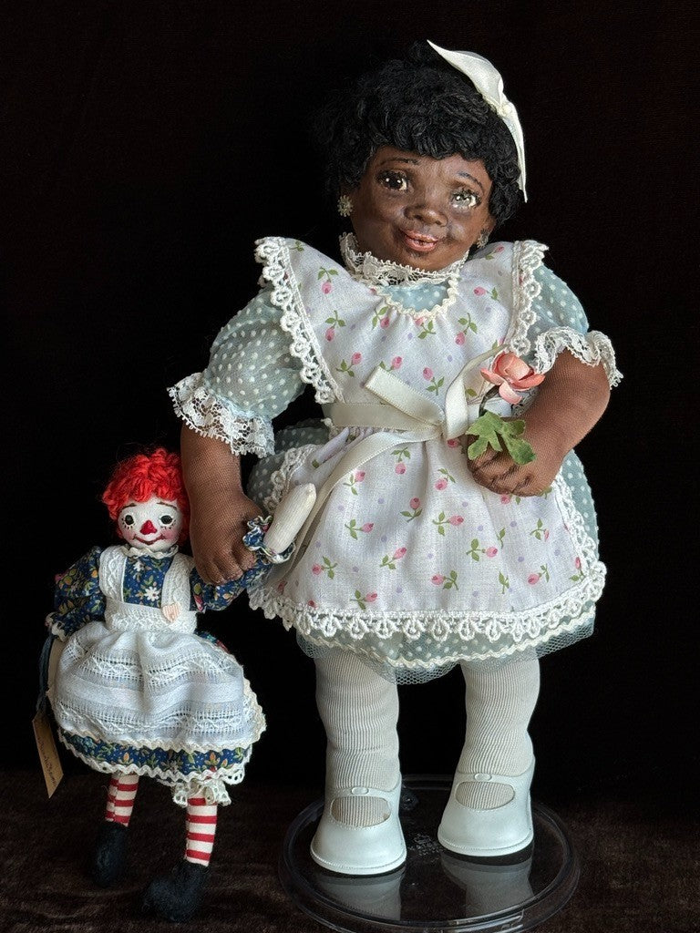 Vintage 11" Frances Ravca African American Artist Cloth Doll with Raggedy + Tag