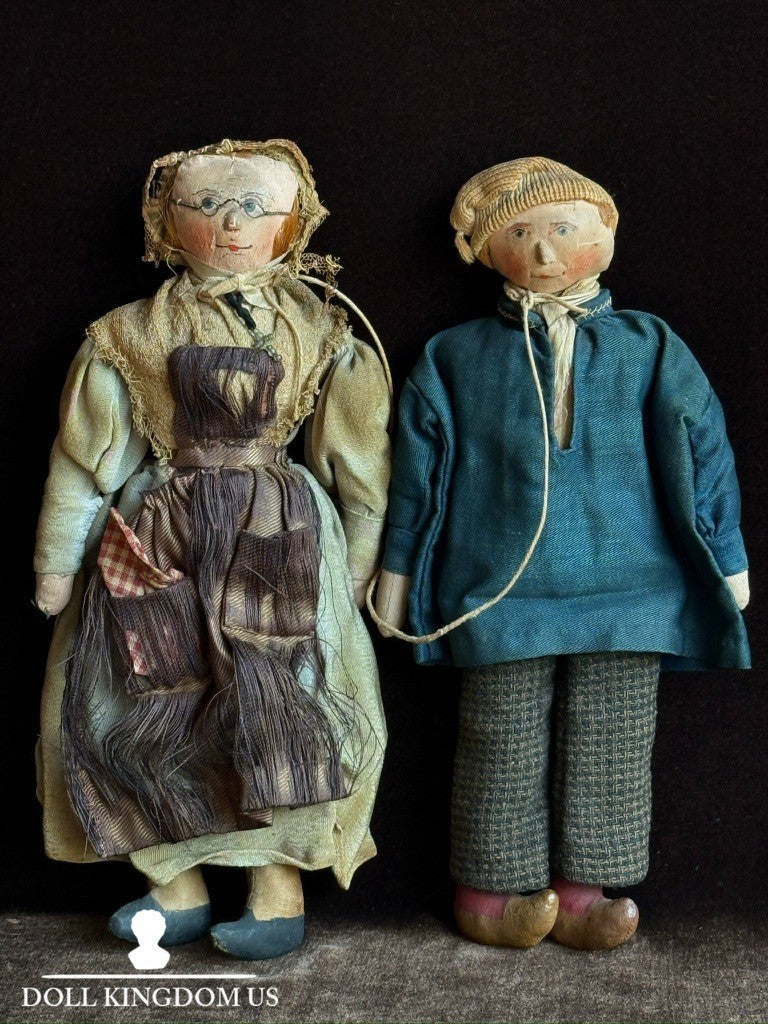 Lot of 2 Antique European Cabinet Size Handmade Folk Cloth Oil Painted Dolls