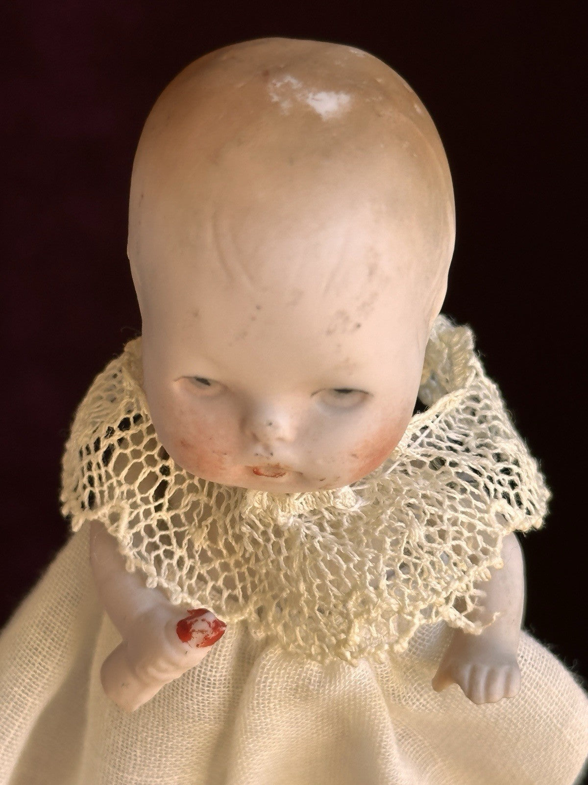 Antique German 3.375” All Bisque Hertwig Miniature Baby Doll Molded Bottle