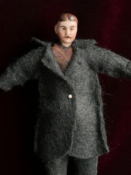 Antique German 6.25” Bisque Miniature Dollhouse Male Mustache Gentleman Doll