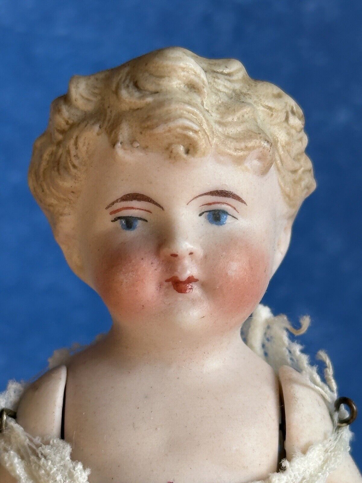 Antique German 3.75” Miniature All Bisque Parian Molded Hair Baby Doll