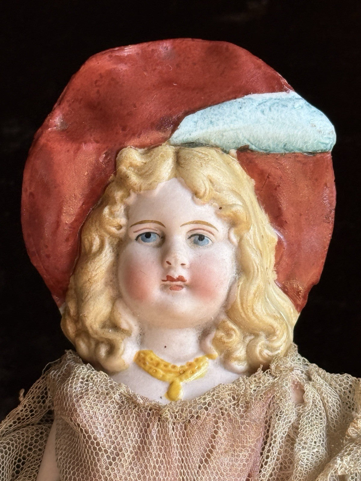 Antique German 7" Hertwig All Bisque Molded Hat Girl Doll