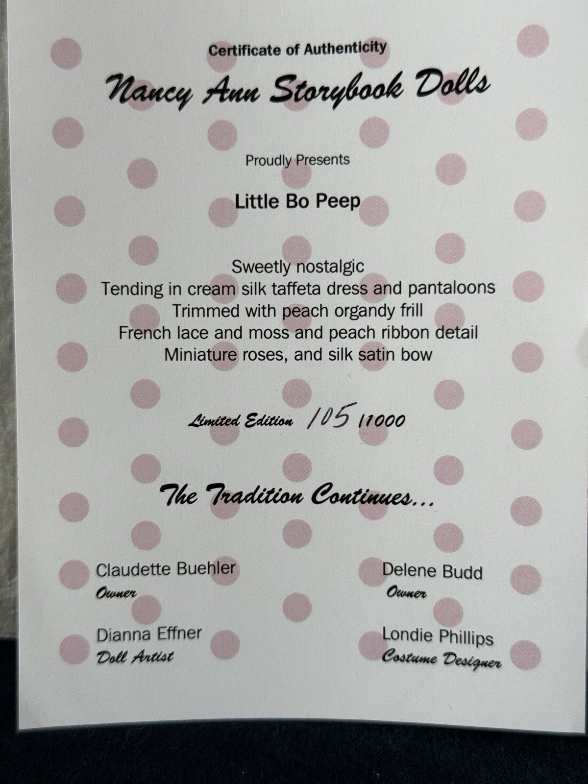 MIB Nancy Ann Little Bo Peep Dianna Effner Doll 105/1000 Box/COA/Tag/Stand