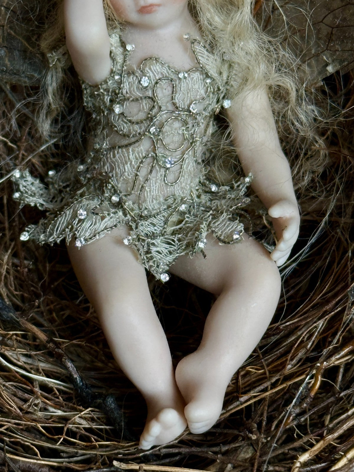 OOAK Miniature Susan Snodgrass Contemporary Artist Porcelain Fairy Doll in Nest