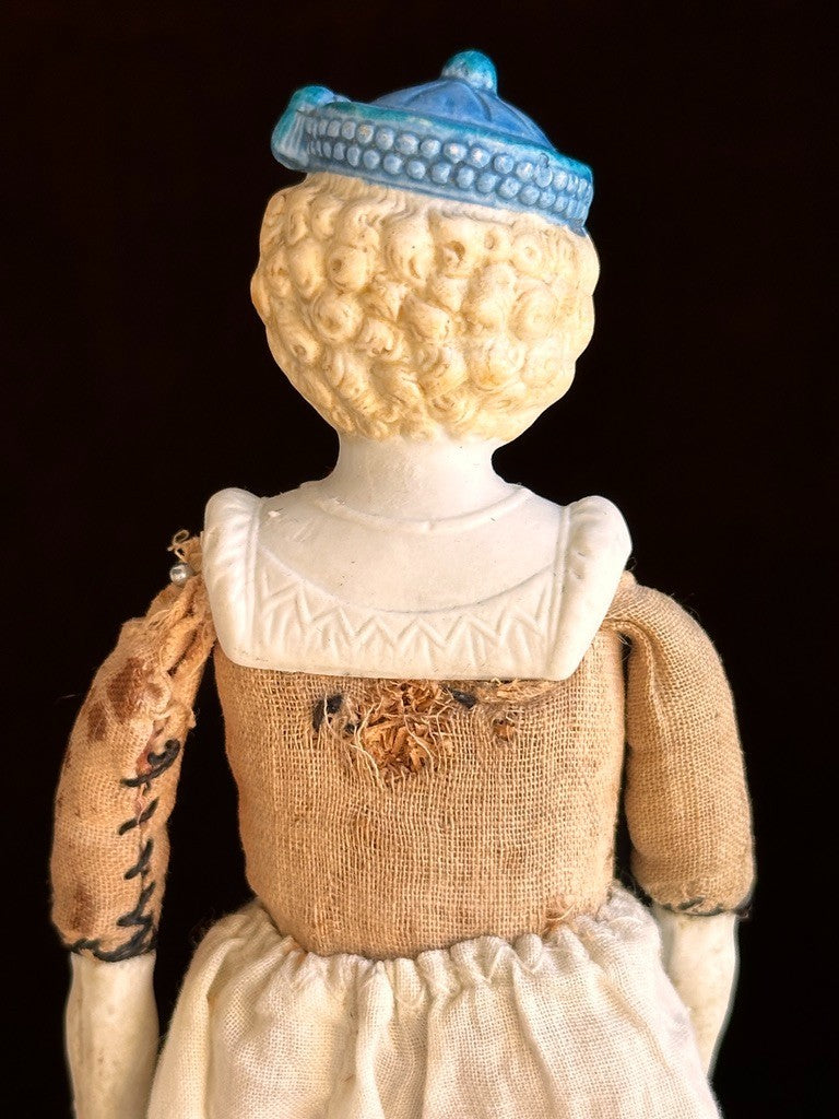 Antique German Hertwig Cabinet Size 8” Bisque Molded Shoulder Plate and Hat Doll