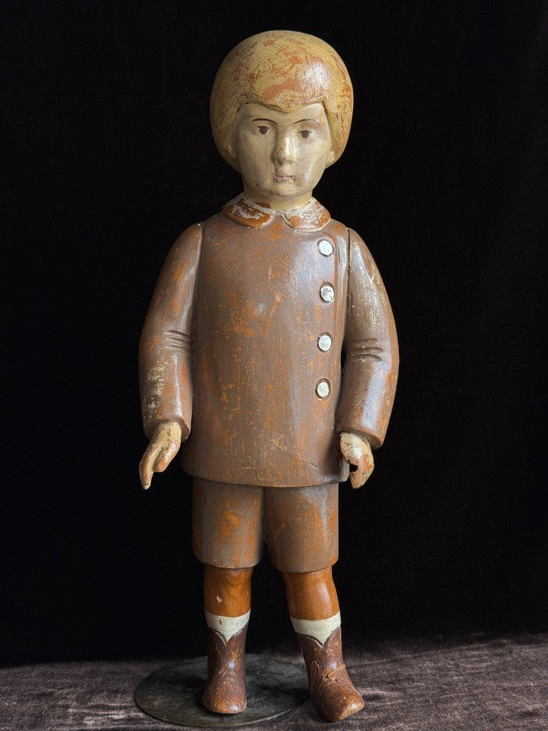 Vintage European 18” Folk Art Wood Carved Figurine of Boy Doll