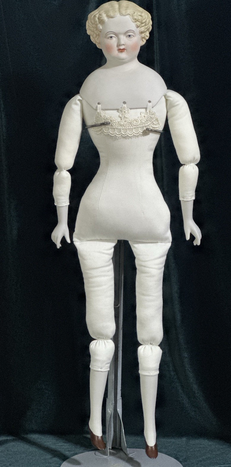 Antique German 28” Flat Top Highbrow China Parian Shoulder Head Blonde Doll
